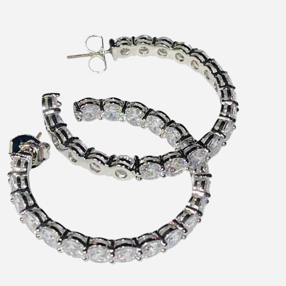 FASHION JEWELRY HOOP EARRINGS STAINLESS STEEL CUBIC ZIRCONIA WOMENS SILVER COLOR
